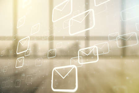 Abstract virtual postal envelopes sketch on empty room interior background, e-mail and marketing concept. Double exposureの写真素材