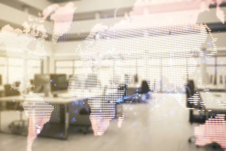 Multi exposure of abstract graphic world map on a modern furnished classroom background, big data and networking conceptの写真素材