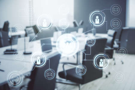 Abstract virtual social network hologram on a modern furnished classroom background. Double exposureの写真素材