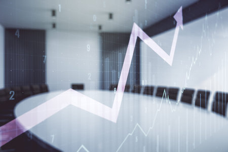 Double exposure of abstract creative financial chart and upward arrow illustration on a modern...