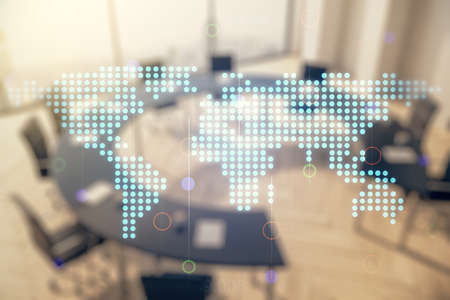 Multi exposure of abstract creative digital world map hologram on a modern meeting room background, research and analytics conceptの写真素材