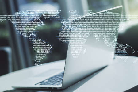 Multi exposure of abstract creative digital world map on laptop background, research and analytics conceptの写真素材