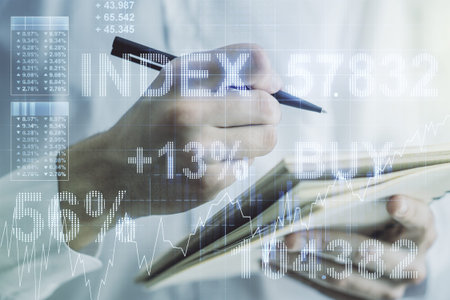 Multi exposure of abstract creative financial graph with hand writing in notepad on background,...