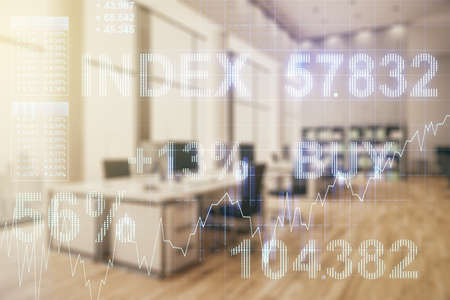 Double exposure of virtual creative financial diagram on a modern furnished office interior background, banking and accounting conceptの写真素材