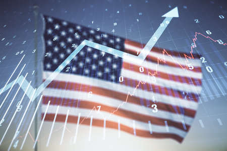 Abstract virtual financial graph hologram and upward arrow on USA flag and sunset sky background, forex and investment concept. Multiexposureの写真素材