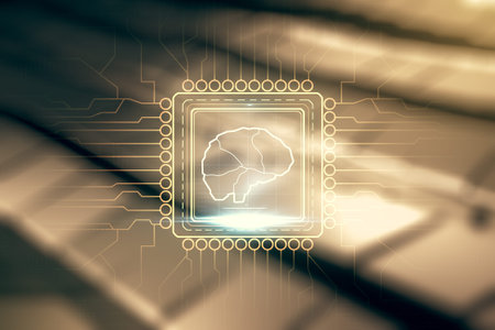 Virtual creative artificial Intelligence hologram with human brain sketch on blurry abstract metal...