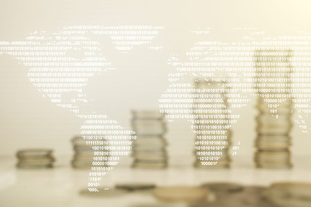 Double exposure of abstract digital world map on growing stacks of coins background, research and...