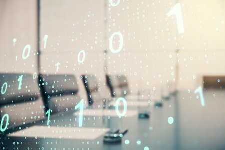 Abstract virtual binary code sketch on a modern boardroom background, hacking and matrix concept....