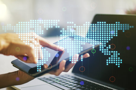 Multi exposure of abstract graphic world map and hand working with a digital tablet on background,...