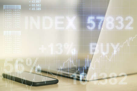 Multi exposure of abstract creative financial chart on computer background, research and analytics conceptの写真素材