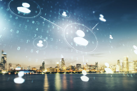 Abstract virtual social network hologram on Chicago cityscape background. Double exposure