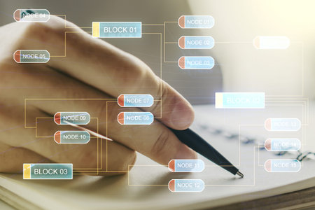 Multi exposure of abstract software development hologram and man hand writing in notebook on...