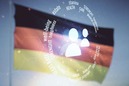Double exposure of abstract virtual people icons hologram on German flag and blue sky background. Online insurance service conceptの写真素材
