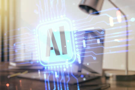 Double exposure of creative artificial Intelligence icon with modern laptop on background. Neural networks and machine learning conceptの写真素材