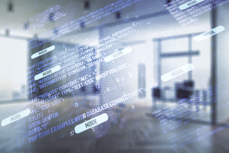 Multi exposure of abstract software development hologram and world map on modern corporate office...
