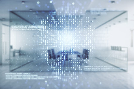 Abstract virtual creative code skull hologram on a modern furnished office interior background,...