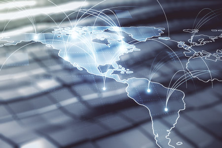 Double exposure of abstract digital world map hologram with connections on shiny metal background,...