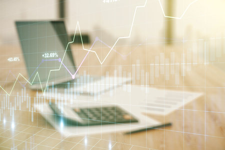 Multi exposure of virtual creative financial chart hologram on blurry calculator with laptop...