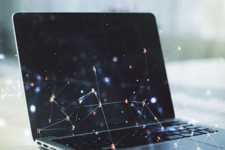 Creative abstract wireless technology hologram on modern computer background, artificial intelligence and machine learning concept. Multi exposureの写真素材