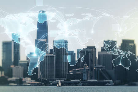 Abstract graphic digital world map hologram with connections on San Francisco cityscape background, globalization concept. Multiexposureの写真素材