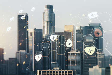 Abstract virtual medical illustration on Los Angeles skyline background. Medicine and healthcare concept. Multiexposureの写真素材