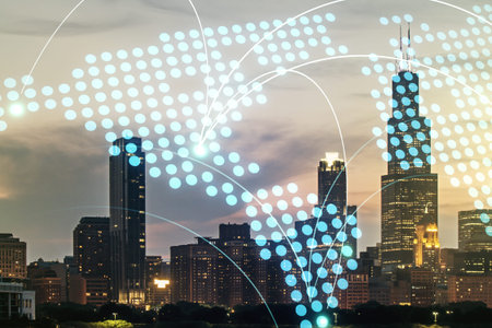 Abstract virtual world map with connections on Chicago skyline background, international trading...