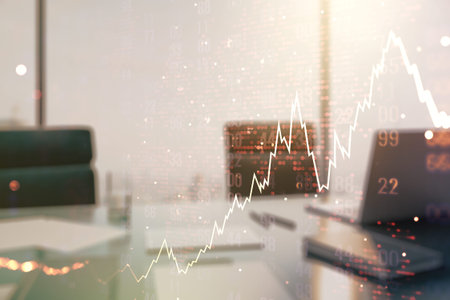 Double exposure of abstract creative financial diagram with world map and modern desk with computer...