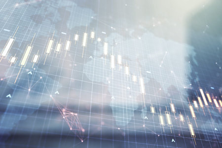 Double exposure of abstract creative financial chart hologram and world map on modern business...