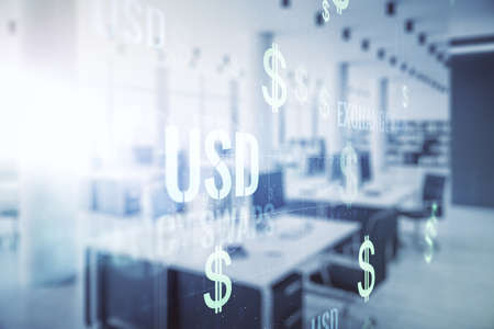 Double exposure of virtual USD symbols hologram on modern corporate office background. Banking and investing conceptの写真素材