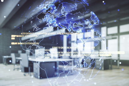 Multi exposure of abstract graphic coding sketch and world map on a modern furnished classroom...