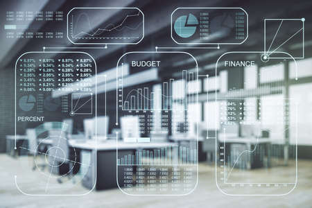 Abstract virtual stats data hologram on a modern furnished office background. Multiexposureの写真素材