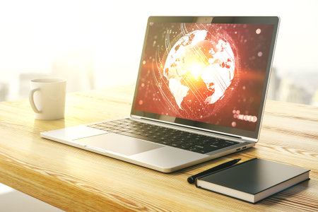 Abstract digital world map on modern computer monitor, big data and blockchain concept. 3D Rendering