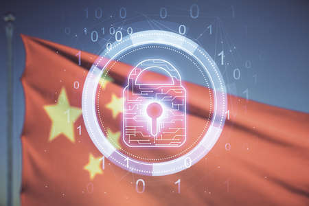 Virtual creative lock sketch with chip hologram on Chinese flag and sunset sky background, protection of personal data concept. Multiexposureの写真素材