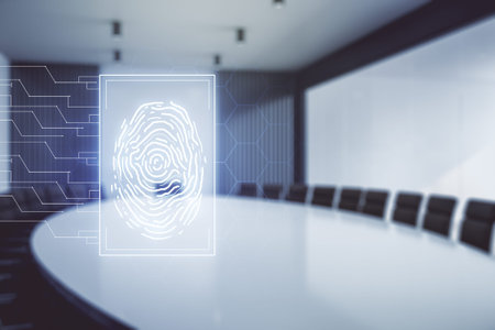 Virtual creative artificial Intelligence hologram with human brain sketch on a modern coworking room...