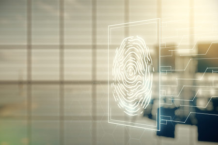 Double exposure of virtual creative fingerprint hologram on a modern boardroom background,...