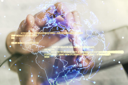 Double exposure of abstract programming language hologram with world map and finger clicks on a...
