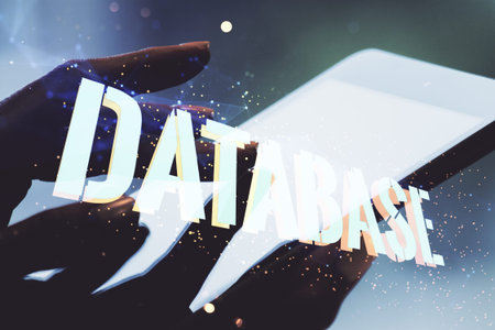 Double exposure of creative Database word hologram and finger clicks on a digital tablet on...