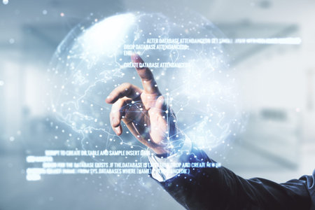 Multi exposure of developers hand presses on abstract software development hologram and world map on...