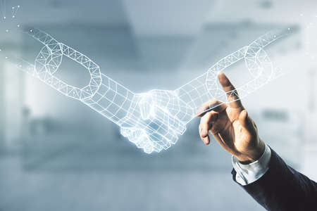 Double exposure of male hand clicks on abstract virtual blockchain technology hologram with handshake on blurred office background. Research and development decentralization software conceptの写真素材