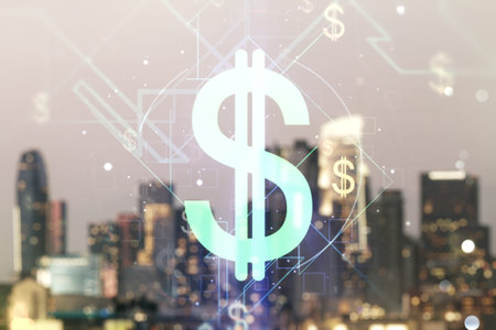 Double exposure of virtual USD symbols hologram on blurry cityscape background. Banking and...