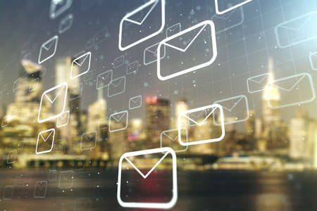 Abstract virtual postal envelopes sketch on blurry office buildings background, e-mail and marketing concept. Double exposureの写真素材