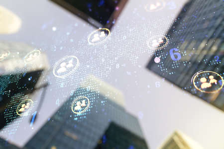 Double exposure of social network icons interface and world map on blurry cityscape background. Networking conceptの写真素材