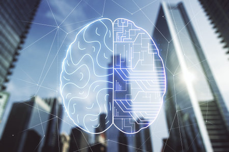 Double exposure of creative human brain microcircuit hologram on blurry cityscape background. Future...
