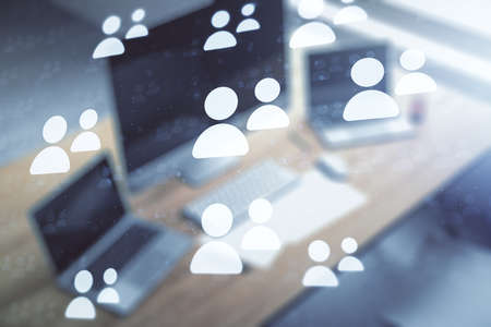 Social network concept and modern desktop with computer on background. Multiexposureの写真素材