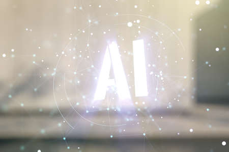 Abstract virtual artificial Intelligence symbol hologram on blurry modern office building background. Multiexposureの写真素材