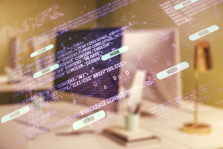 Multi exposure of abstract creative coding sketch with world map on modern laptop background,...