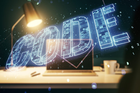 Creative Code word hologram on modern computer background, artificial intelligence and neural...