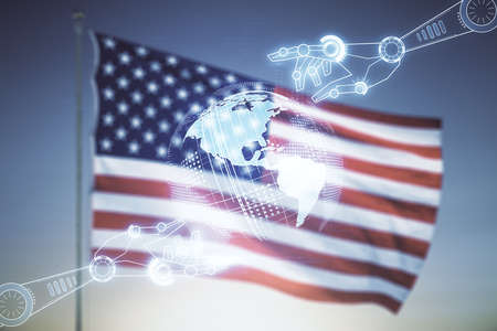 Abstract virtual robotics technology hologram with globe sketch on USA flag and sunset sky background. Robot development and automation concept. Multiexposureの写真素材