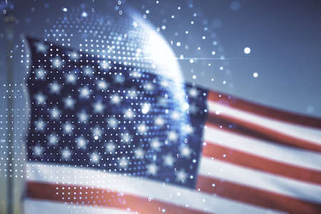 Double exposure of abstract digital world map hologram on US flag and blue sky background, big data and blockchain conceptの写真素材