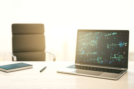 Modern computer monitor with creative scientific formula concept, research and development concept. 3D Renderingの写真素材
